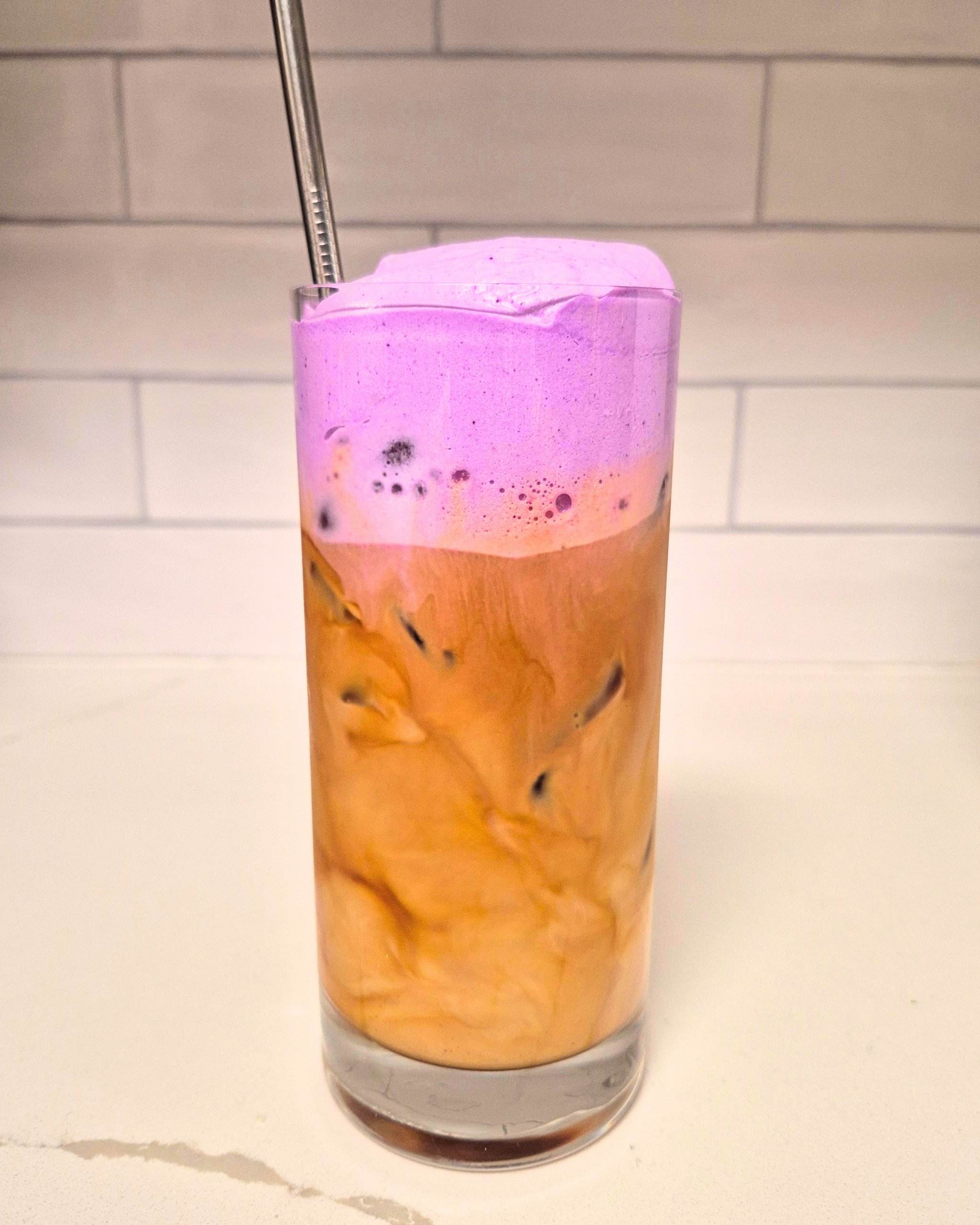 ube topped iced latte served for our mobile espresso cart at a private event in Cherry Hill, NJ